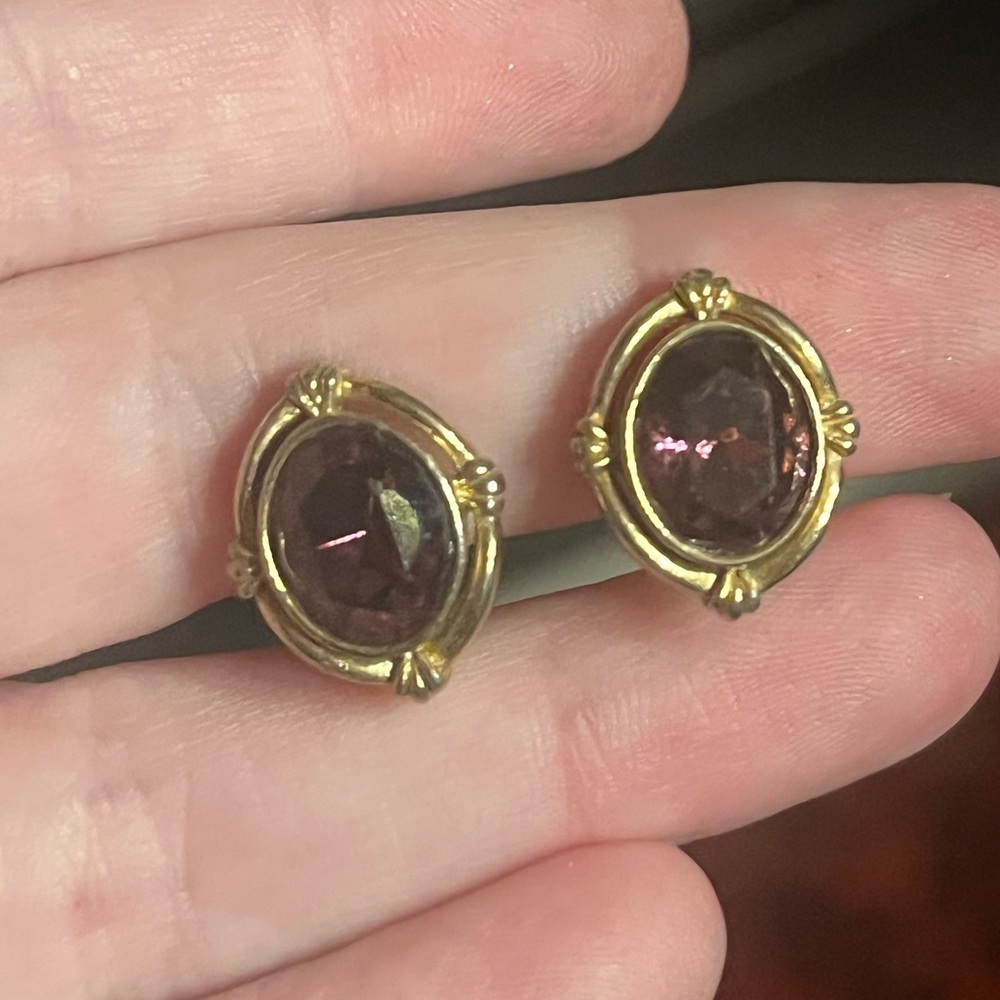 Vintage Gold Tone Clip Earrings with Purple Amethyst Like stone Avon 1983